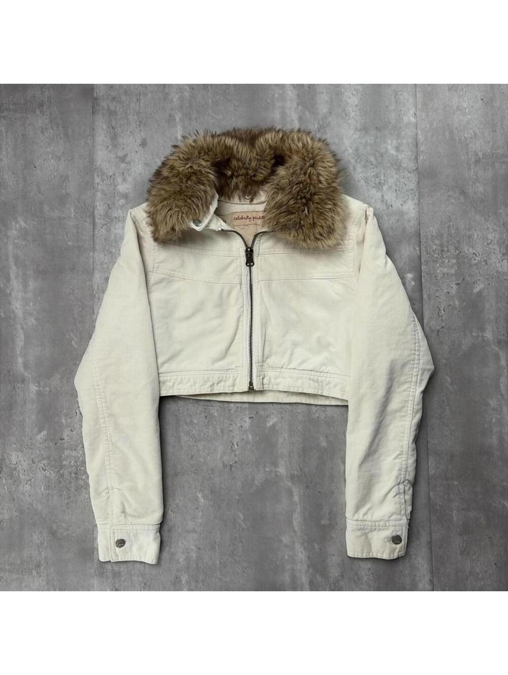 Y2K Beige Celebrity Pink Cropped Corduroy Faux Fur Collared Jacket